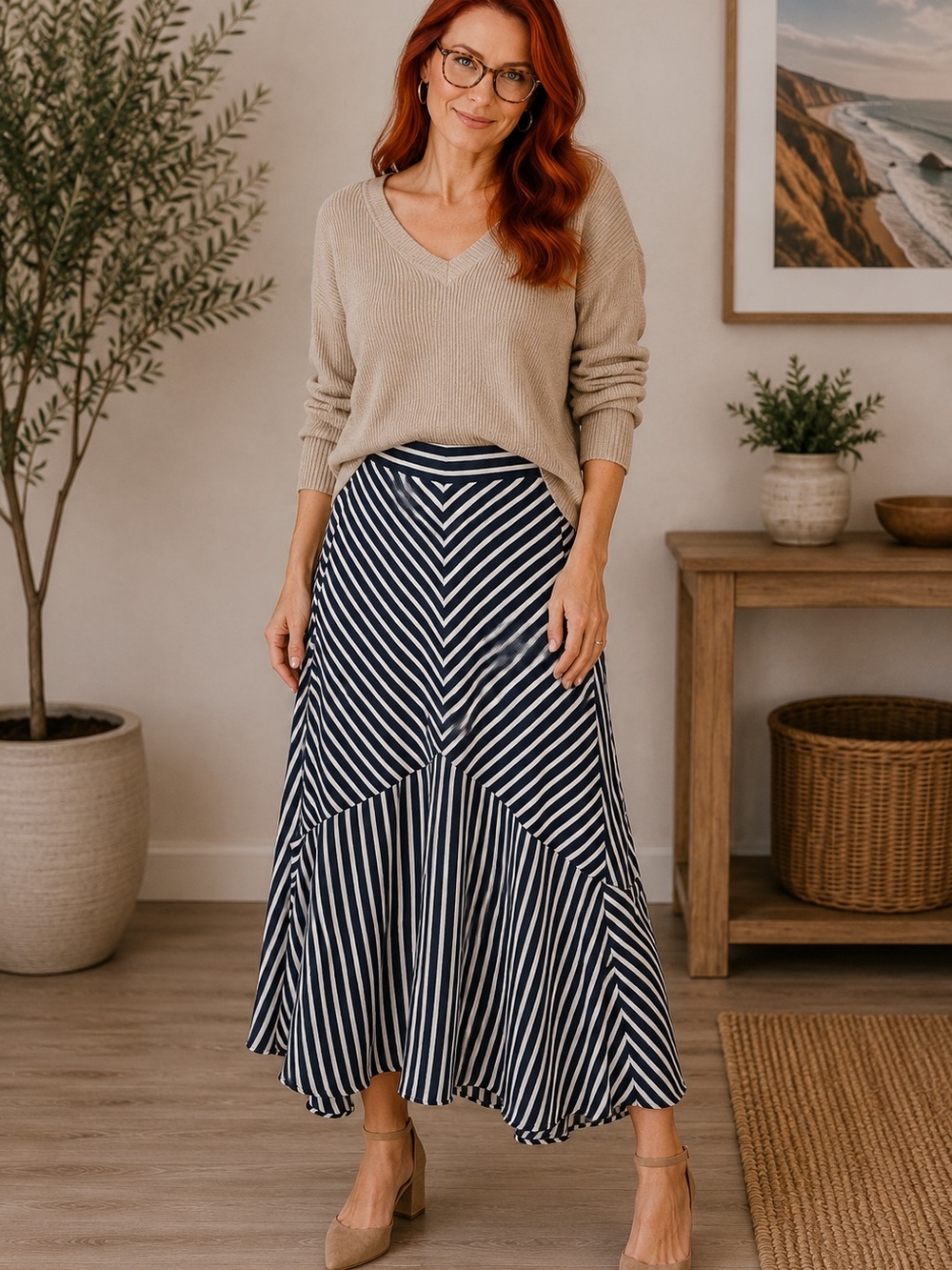 Banana Republic Navy and White Striped Midi Skirt